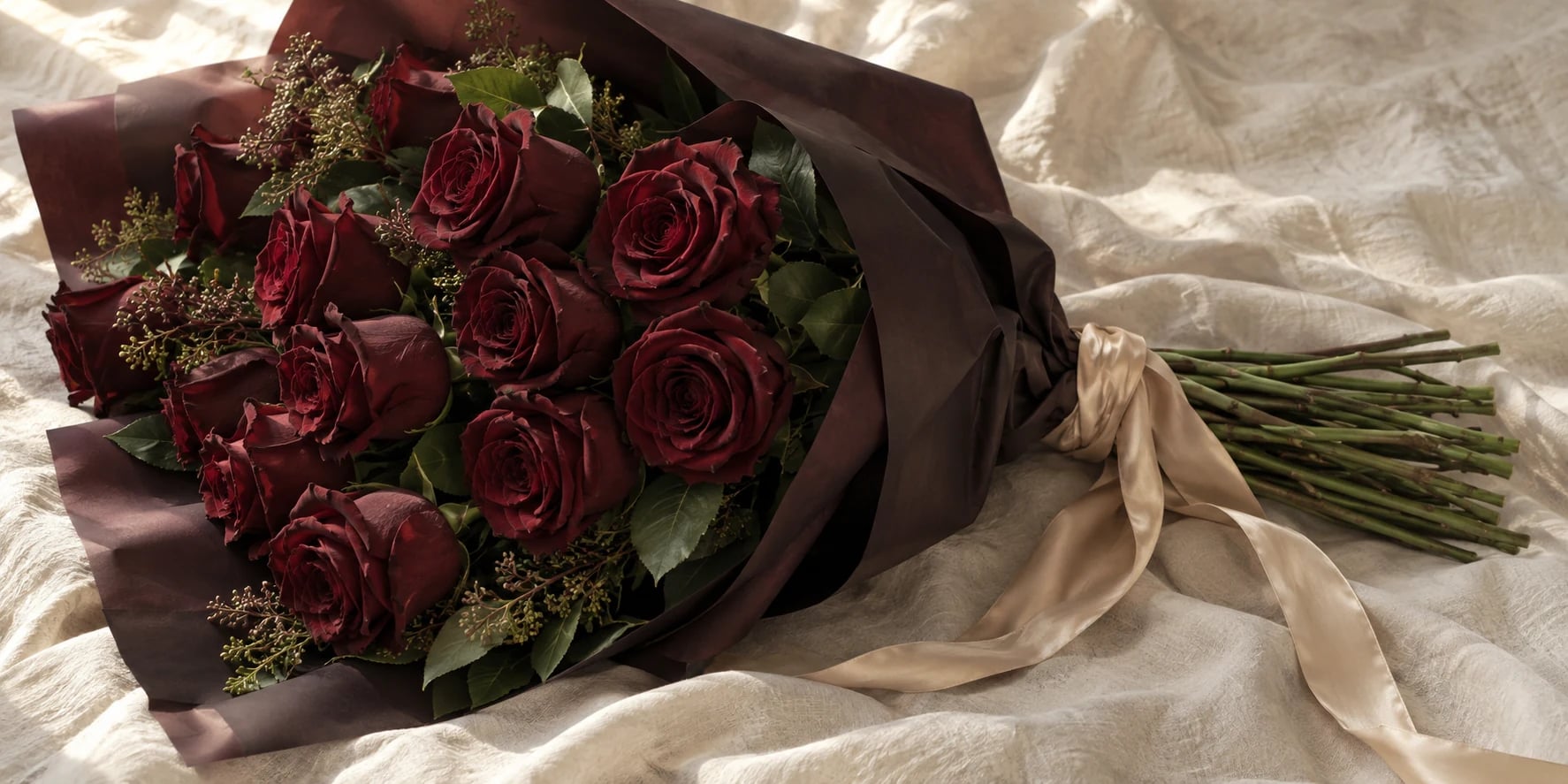 Burgundy roses resting on ivory linen beside dark wrapping and a champagne ribbon